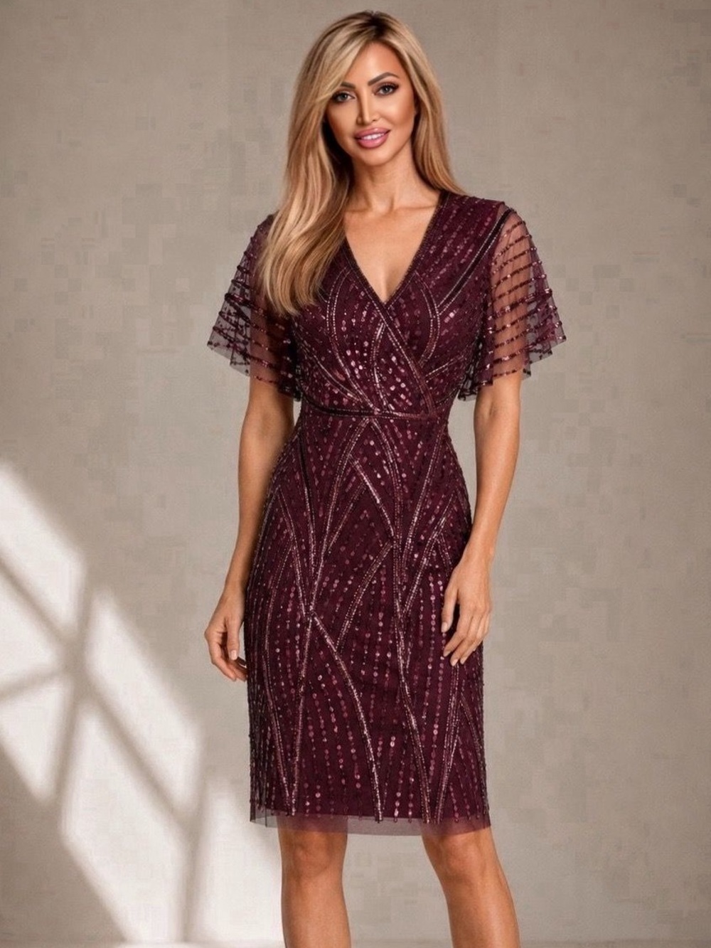 Adrianna Papell Plum Beaded Midi Dress NWOT